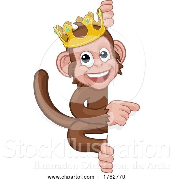 Vector Illustration of Cartoon Monkey King Crown Animal Pointing at Sign