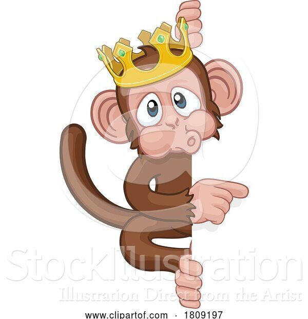 Vector Illustration of Cartoon Monkey King Crown Animal Pointing at Sign