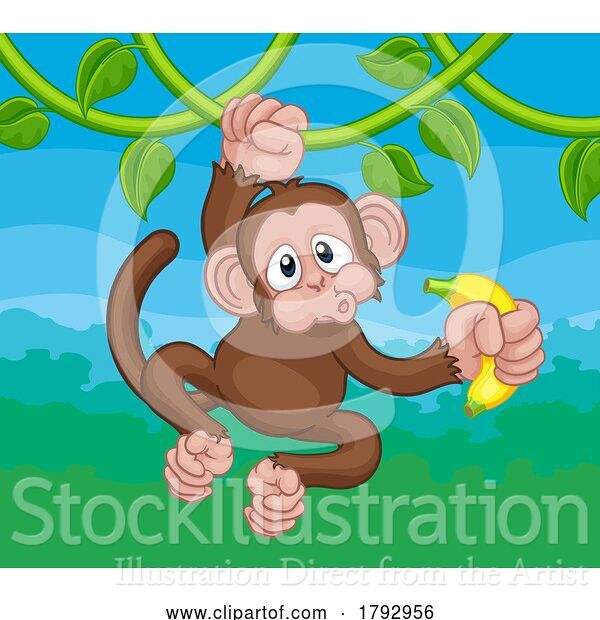 Vector Illustration of Cartoon Monkey Singing on Jungle Vines with Banana Cartoon