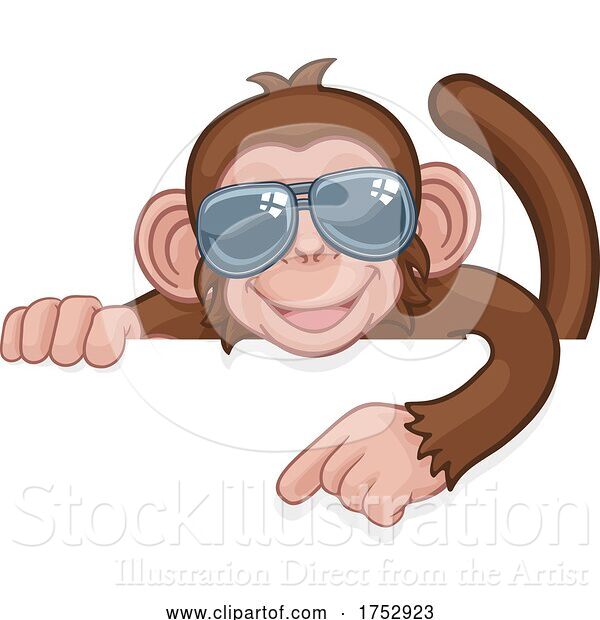 Vector Illustration of Cartoon Monkey Sunglasses Animal Pointing at Sign