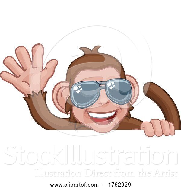 Vector Illustration of Cartoon Monkey Sunglasses Animal Sign Waving