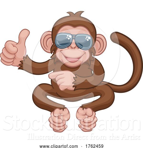 Vector Illustration of Cartoon Monkey Sunglasses Thumbs up Pointing