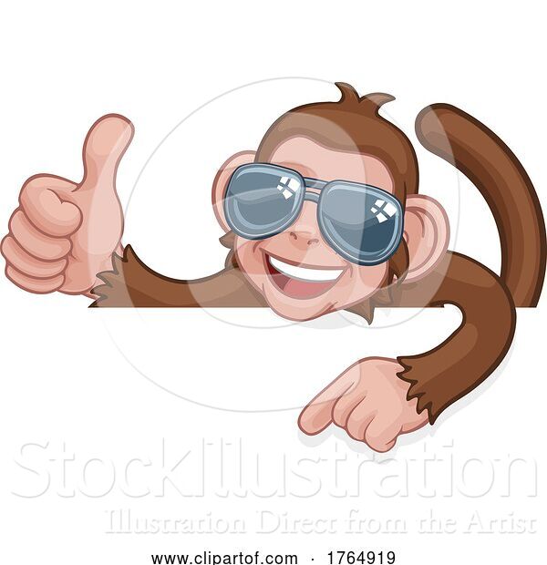 Vector Illustration of Cartoon Monkey Sunglasses Thumbs up Pointing Sign Cartoon