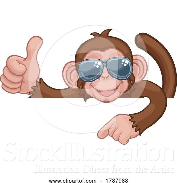 Vector Illustration of Cartoon Monkey Sunglasses Thumbs up Pointing Sign Cartoon