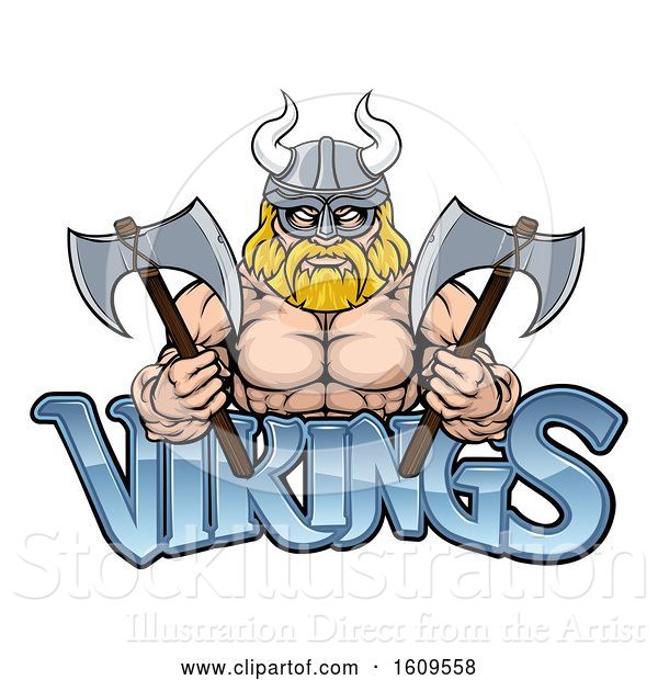 Vector Illustration of Cartoon Muscular Blond Male Viking Warrior Holding Axes over Text