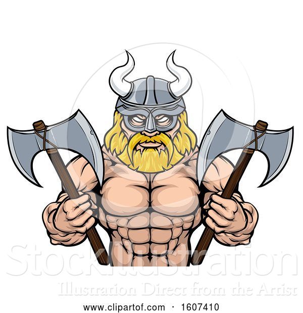 Vector Illustration of Cartoon Muscular Shirtless Blond Male Viking Warrior Holding Axes, from the Waist up