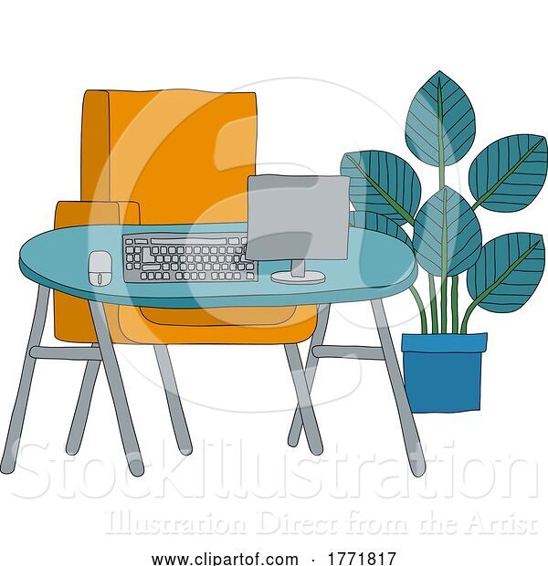 Vector Illustration of Cartoon Office Business Scene Desk Computer Workstation