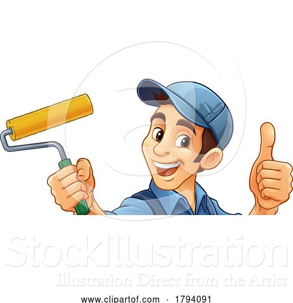 Vector Illustration of Cartoon Painter Decorator Paint Roller Handy Guy