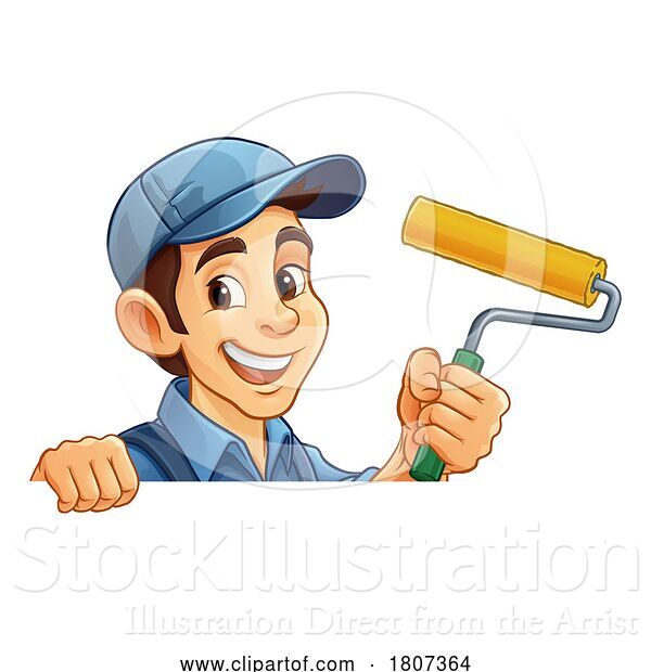 Vector Illustration of Cartoon Painter Decorator Paint Roller Handy Guy