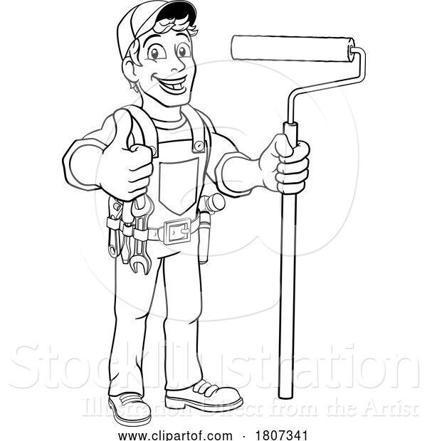 Vector Illustration of Cartoon Painter Decorator Paint Roller Handy Guy