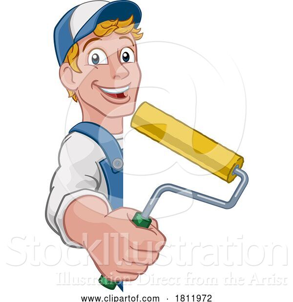 Vector Illustration of Cartoon Painter Decorator Paint Roller Handy Guy