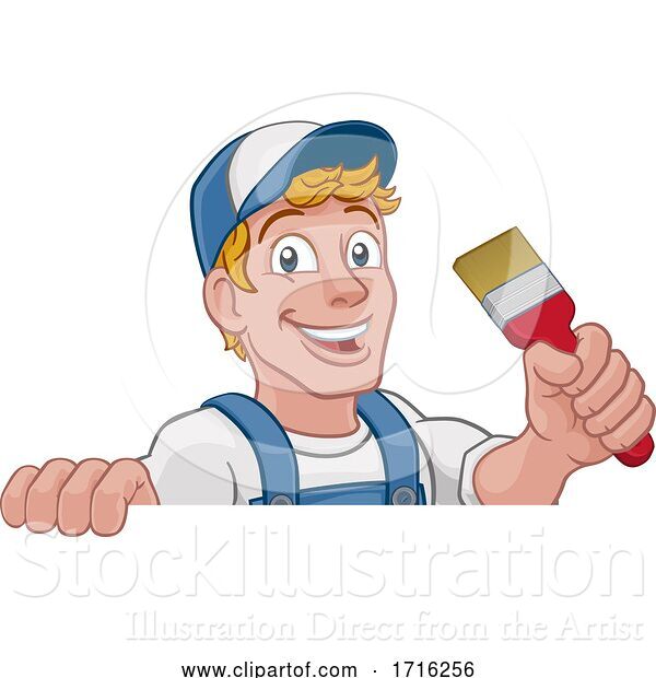 Vector Illustration of Cartoon Painter Decorator Paintbrush Handyman Guy