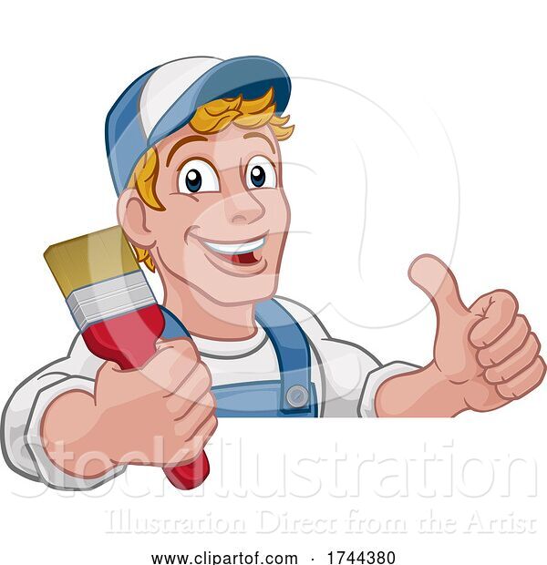 Vector Illustration of Cartoon Painter Decorator Paintbrush Handyman Guy