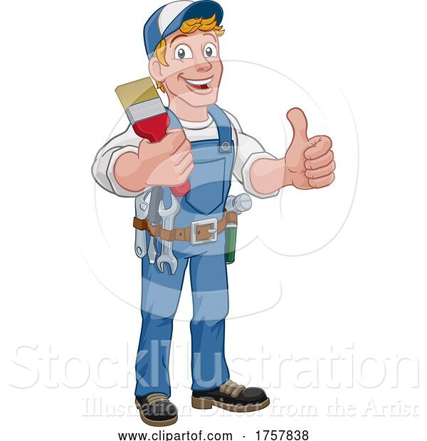 Vector Illustration of Cartoon Painter Decorator Paintbrush Handyman Guy