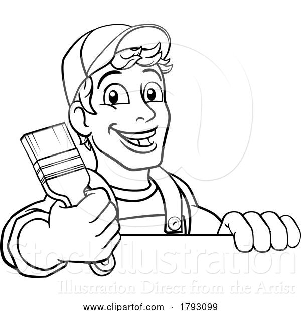 Vector Illustration of Cartoon Painter Decorator Paintbrush Handyman Guy