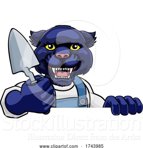 Vector Illustration of Cartoon Panther Bricklayer Builder Holding Trowel Tool
