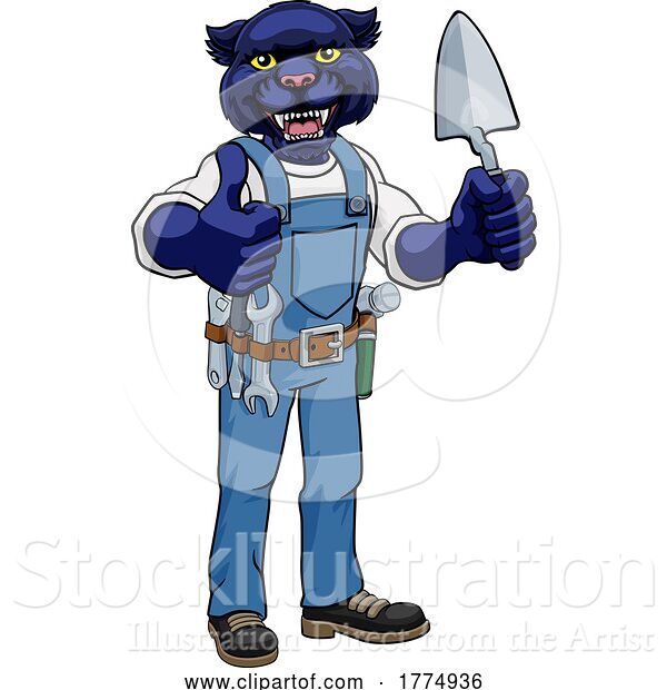 Vector Illustration of Cartoon Panther Bricklayer Builder Holding Trowel Tool