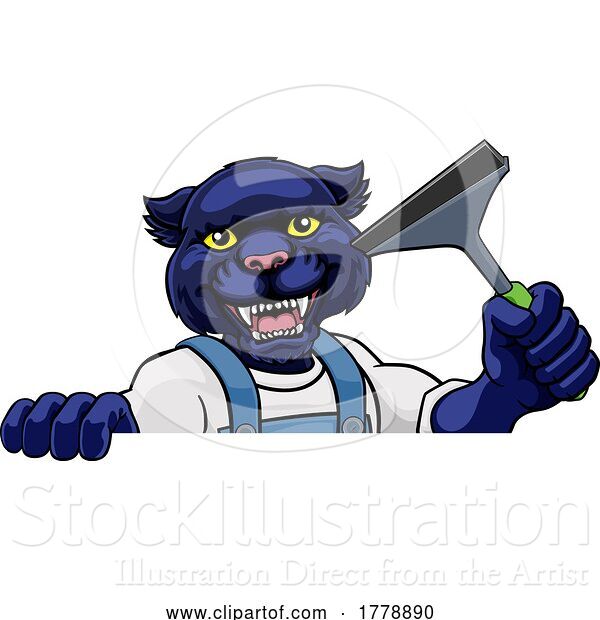 Vector Illustration of Cartoon Panther Car or Window Cleaner Holding Squeegee