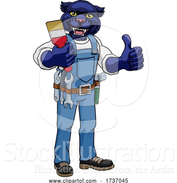 Vector Illustration of Cartoon Panther Painter Decorator Holding Paintbrush