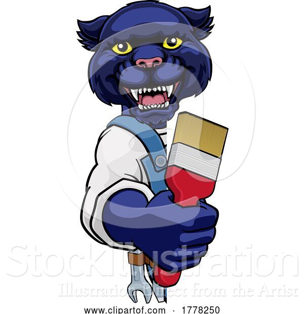 Vector Illustration of Cartoon Panther Painter Decorator Holding Paintbrush