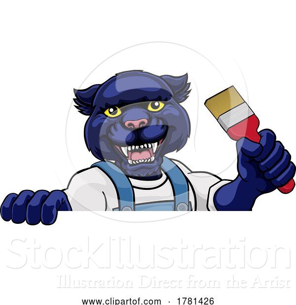 Vector Illustration of Cartoon Panther Painter Decorator Holding Paintbrush