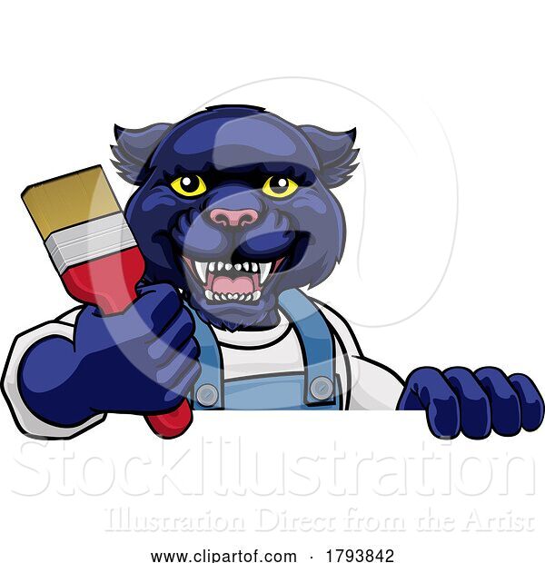 Vector Illustration of Cartoon Panther Painter Decorator Holding Paintbrush
