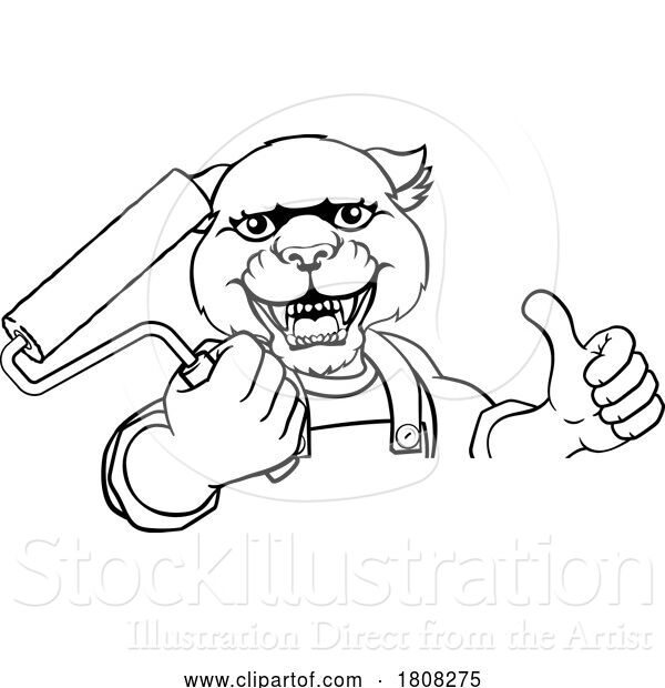 Vector Illustration of Cartoon Panther Painter Decorator Paint Roller Mascot Guy