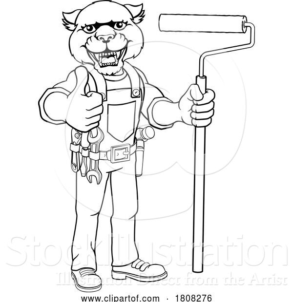 Vector Illustration of Cartoon Panther Painter Decorator Paint Roller Mascot Guy