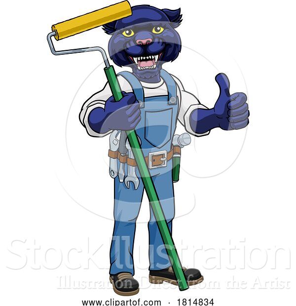 Vector Illustration of Cartoon Panther Painter Decorator Paint Roller Mascot Guy