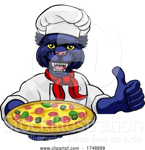 Vector Illustration of Cartoon Panther Pizza Chef Restaurant Mascot Sign