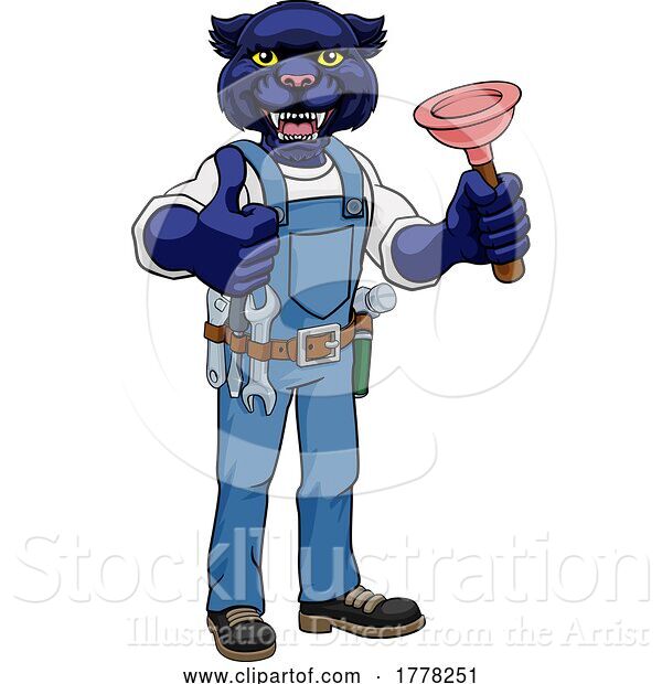 Vector Illustration of Cartoon Panther Plumber Mascot Holding Plunger