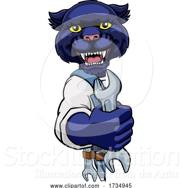 Vector Illustration of Cartoon Panther Plumber or Mechanic Holding Spanner