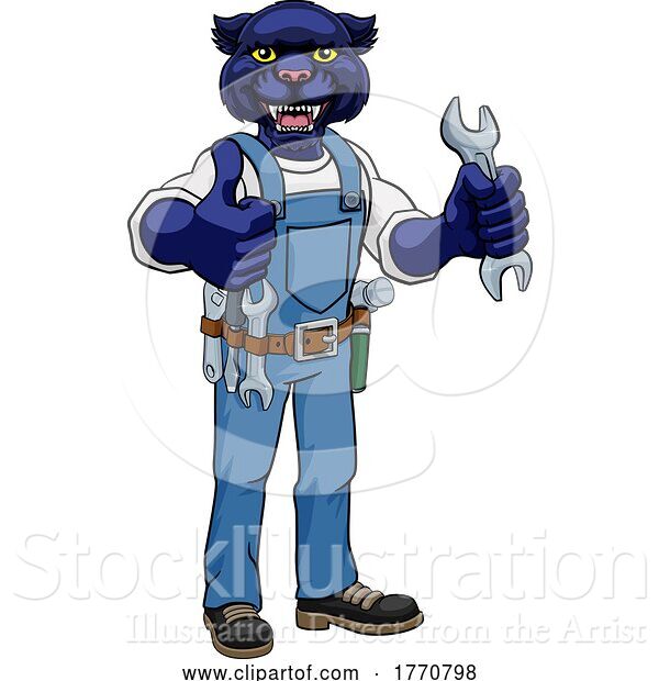 Vector Illustration of Cartoon Panther Plumber or Mechanic Holding Spanner