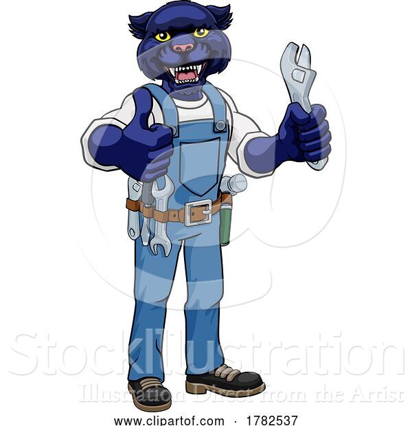 Vector Illustration of Cartoon Panther Plumber or Mechanic Holding Spanner