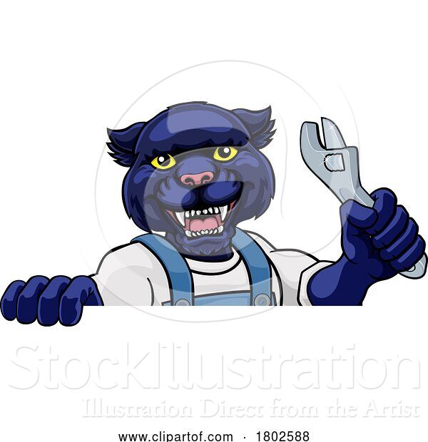 Vector Illustration of Cartoon Panther Plumber or Mechanic Holding Spanner