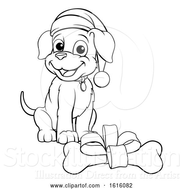 Vector Illustration of Cartoon Pet Dog in Christmas Santa Claus Hat and Gift Bone