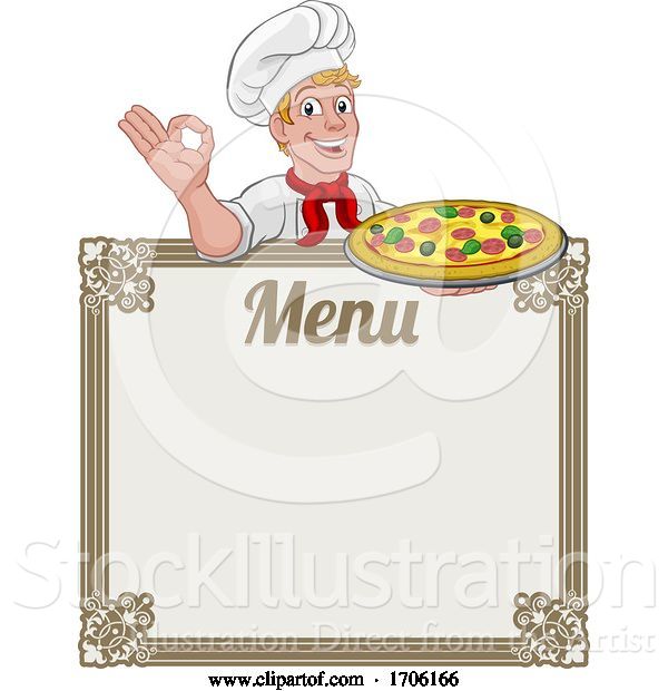 Vector Illustration of Cartoon Pizza Chef Cook Guy Menu Sign Background