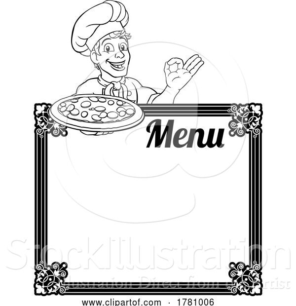 Vector Illustration of Cartoon Pizza Chef Cook Guy Menu Sign Background