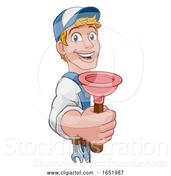 Vector Illustration of Cartoon Plumber Plumbing Drain Plunger Handyman