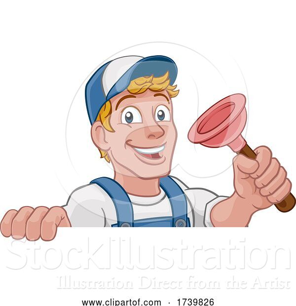 Vector Illustration of Cartoon Plumber Plumbing Drain Plunger Handyman