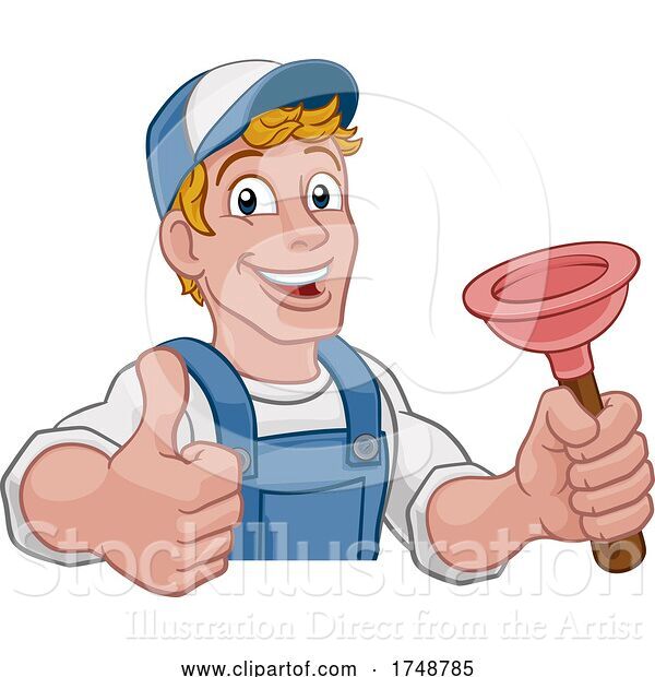 Vector Illustration of Cartoon Plumber Plumbing Drain Plunger Handyman