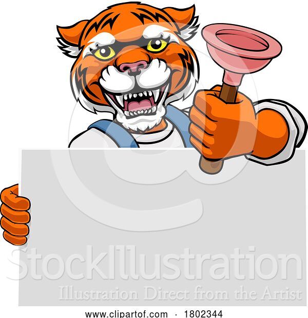 Vector Illustration of Cartoon Plumber Tiger Plunger Plumbing Mascot