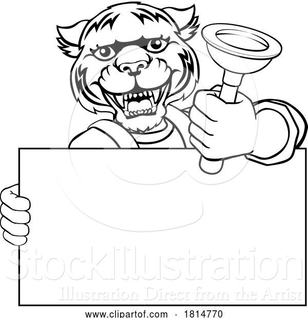 Vector Illustration of Cartoon Plumber Tiger Plunger Plumbing Mascot