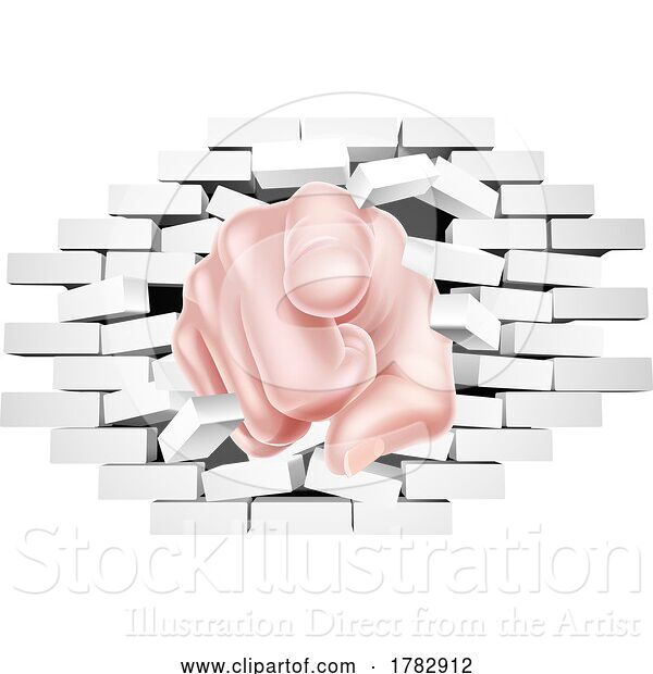 Vector Illustration of Cartoon Pointing Hand Breaking White Brick Wall