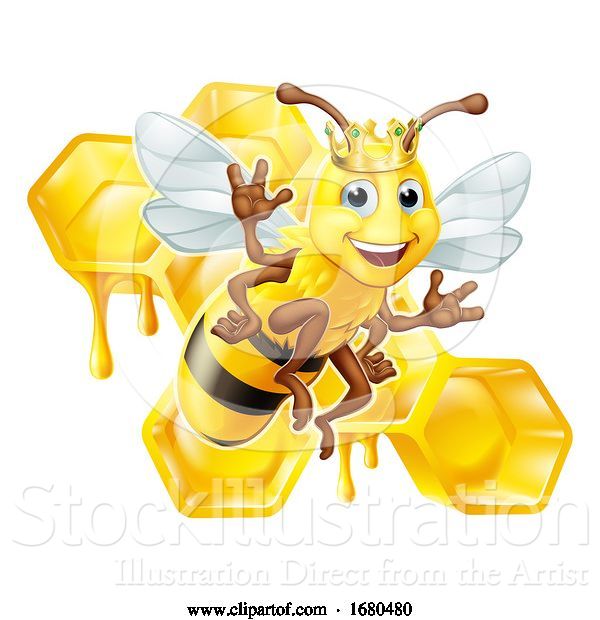 Vector Illustration of Cartoon Queen Bumble Bee in Crown Honeycomb Cartoon