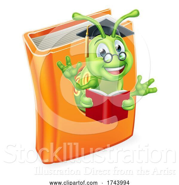 Vector Illustration of Cartoon Reading Graduate Worm Bookworm Caterpillar in Book