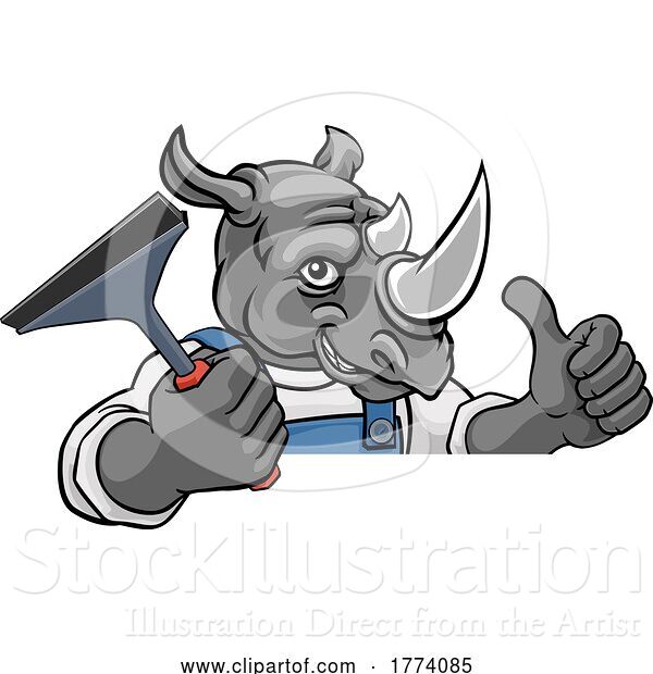 Vector Illustration of Cartoon Rhino Car or Window Cleaner Holding Squeegee