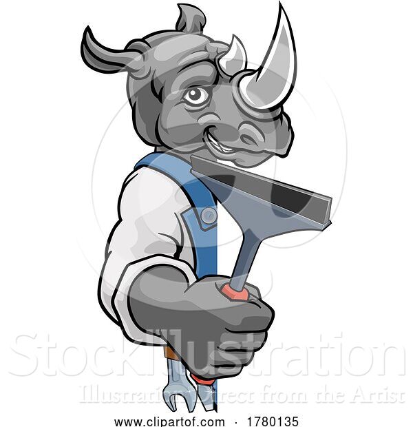 Vector Illustration of Cartoon Rhino Car or Window Cleaner Holding Squeegee