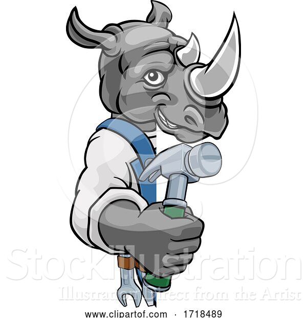Vector Illustration of Cartoon Rhino Carpenter Handyman Builder Holding Hammer