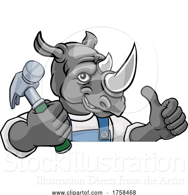 Vector Illustration of Cartoon Rhino Carpenter Handyman Builder Holding Hammer